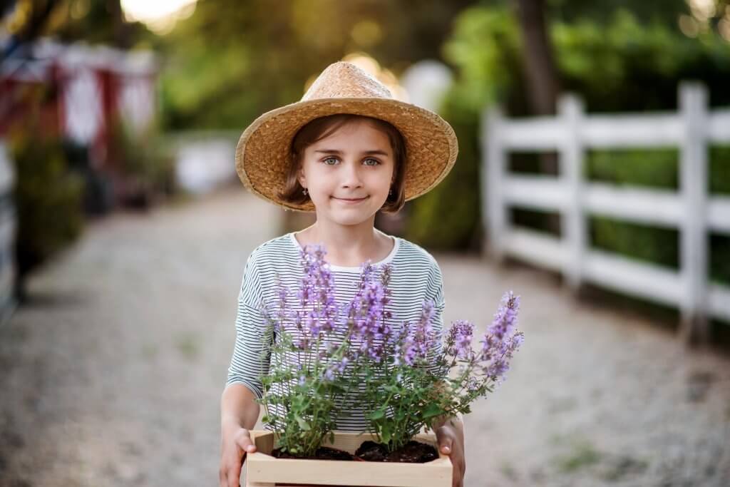 Niña con planta de lavanda